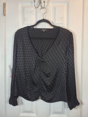 Madewell Black Polka Dot Jacquard Button-Front Ruched Top Blouse Size 12